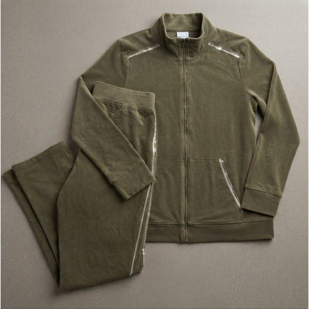 Chicos Zenergy Tracksuit Set Womens 0 S 4/6 Olive Green Sequin Zip Jacket Pants